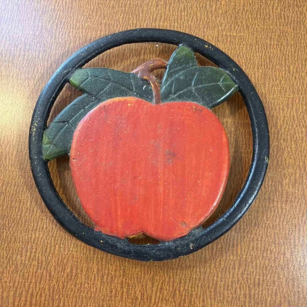 Vintage Cast Iron Cutout Red Apple Shaped Painted Trivet Hot Plate 5.25